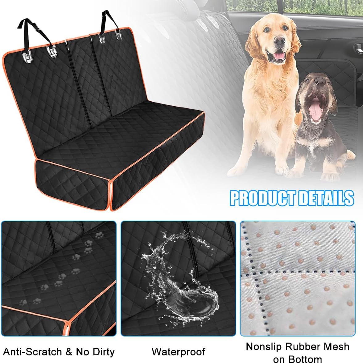 Dog Car Back Seat Cover, Waterproof Scratch-Resistant 600D Heavy Duty Vehicle Pet Bench Seat Protector, Non Slip Automotive Interior Backseat Cushions, Universal for SUV Sedan Truck (Orange)