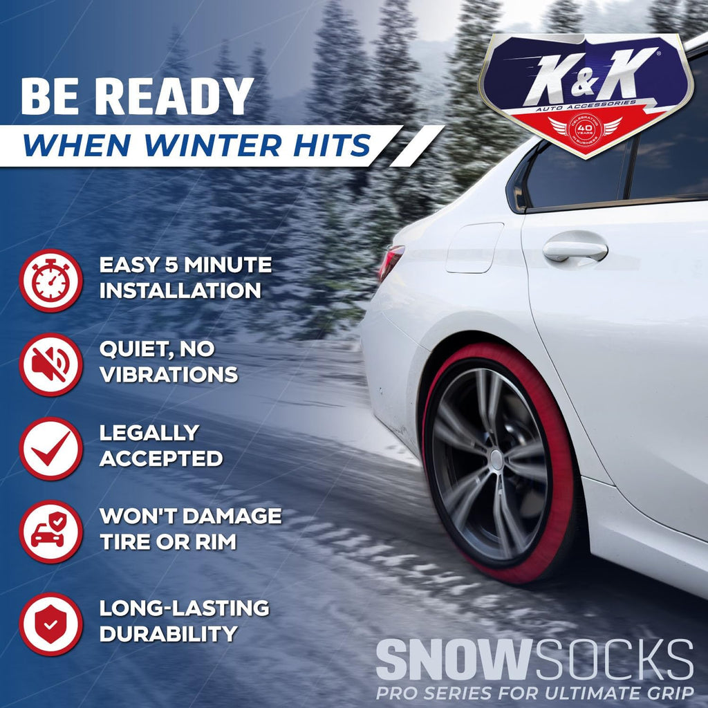 K&K Auto Snow Socks for Tires – Pro Series for Ultimate Grip Approved Snow Chain Alternative Traction Device – Tire Sock for Car Sedan Coupe – Winter Travel Accessory Emergency Kit – Medium (2pcs)