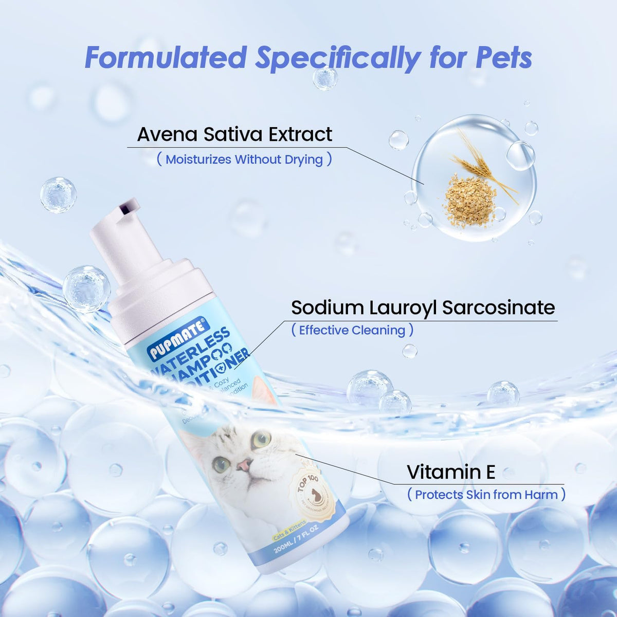 Cat Waterless Shampoo with Brush - No Rinse Formula for Quick Clean Between Baths, Hypoallergenic & Detangling, Reduce Itchy Skin Shedding, Vet-Recommended for Kittens/Senior Cats, Coconut Scent