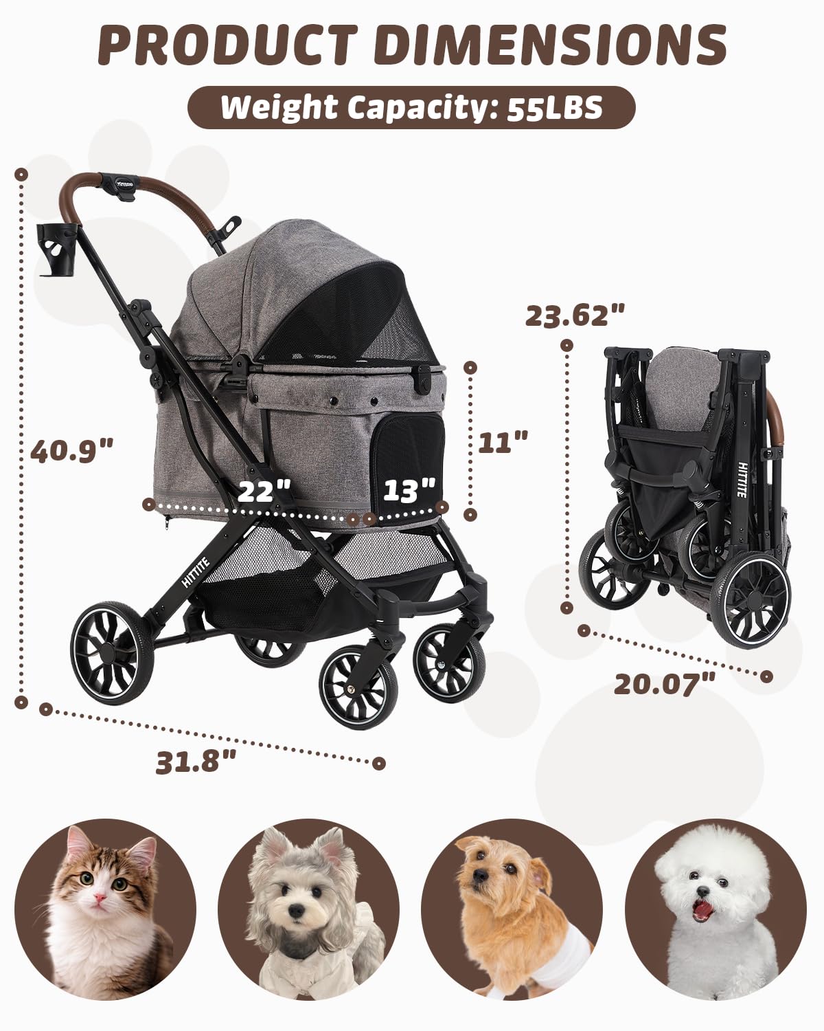 HITTITE Pet Stroller with Weatherproof Cover, All-Terrain 4-Wheel Cat & Dog Stroller with Adjustable Canopy, Foldable Dog Strollers with Storage Basket for Small to Medium Dogs Up to 55 lbs.