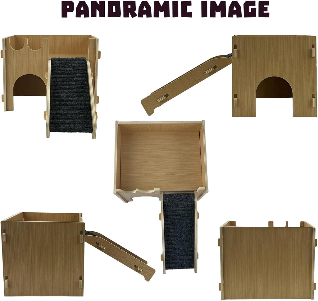 Guinea Pig Castle Hideout, Wooden Hamster House with Stairs & Mat,Small Animal House Hut Habitats 2 Doors for Hamsters Chinchillas Bunny Hiding Playing Sleeping