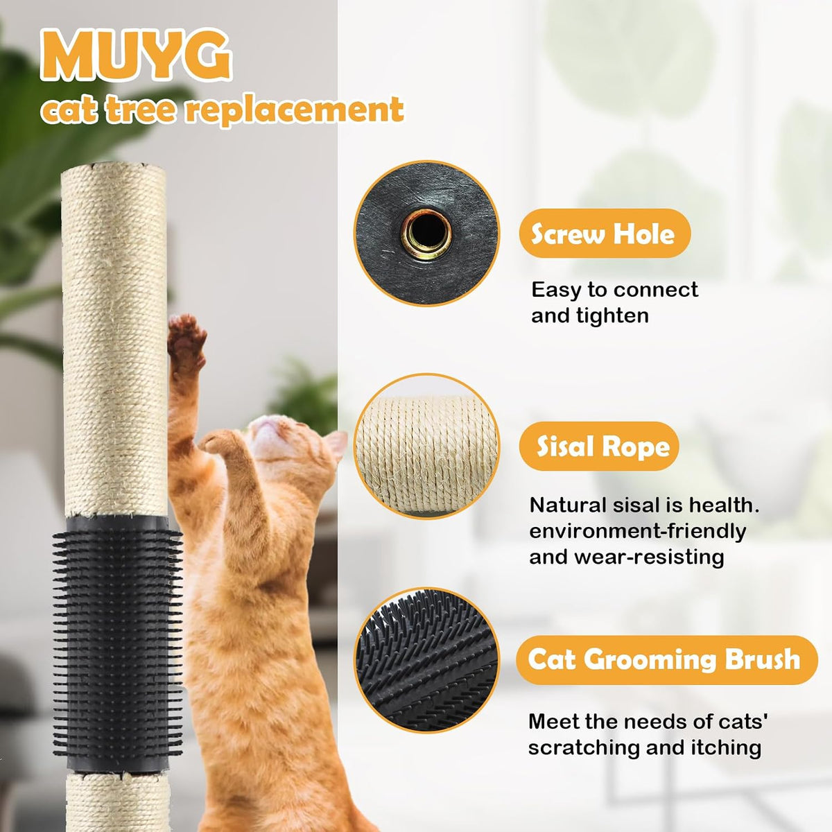 4pcs M8 Cat Scratching Post Replacements,15.7 in Sisal Cat Tree Replacement Poles with Self Groomer Massage Sisal Pole Parts for Indoor Cats Kitten Tree Furniture Protector