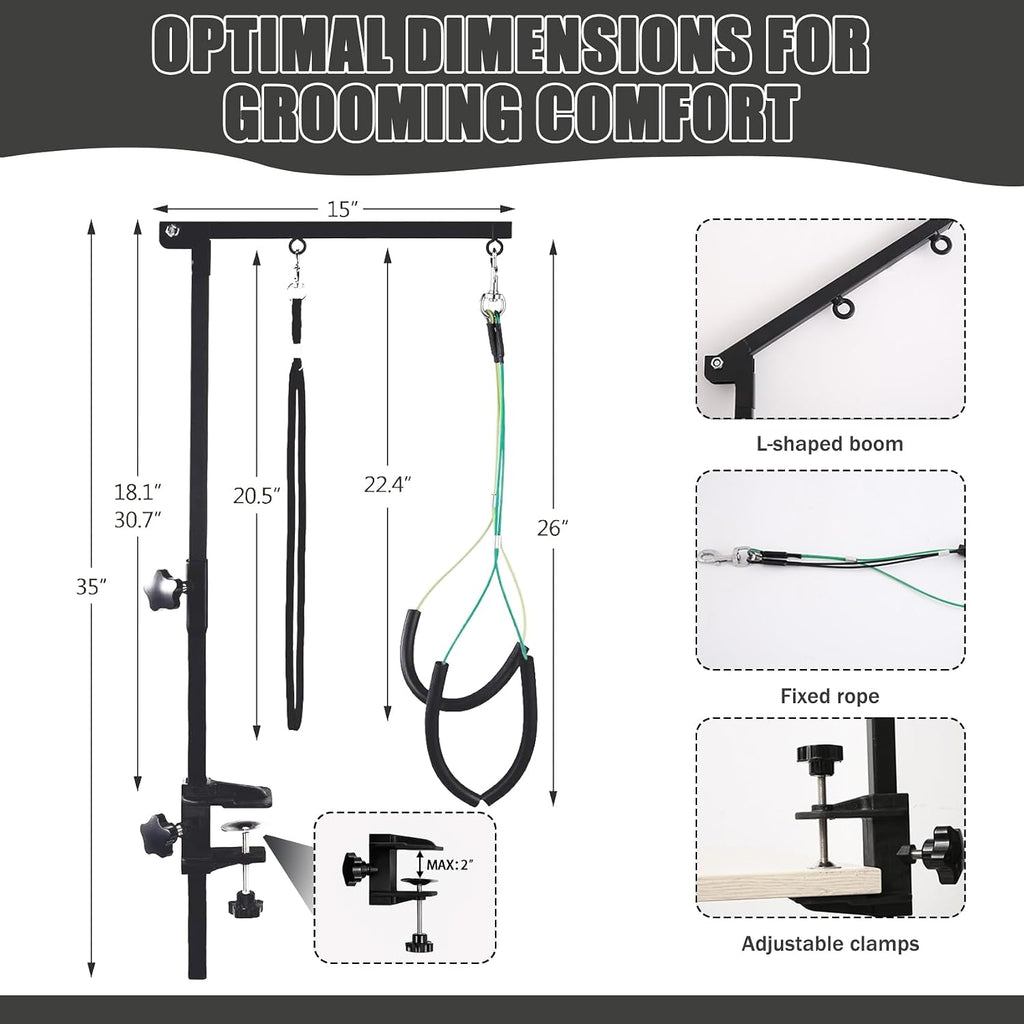 Dog Grooming Table Arm with Metal Clamp,35" Adjustable Portable Arm for Table with 1 Loop Noose & Two No Sit Haunch Holder,Grooming Restraint for Small Medium Pets