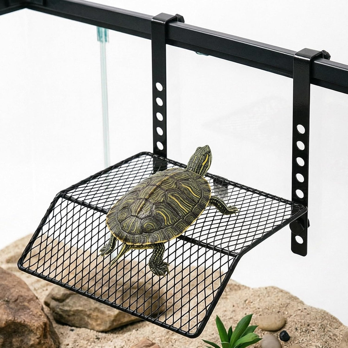 FMOACEN Hanging Turtle Basking Platform Heavy Duty Metal Dock Non-Slip Ramp Height Adjustable Dual Hooks Easy Install Fits 10-20 Gallon Tanks Reptile Tank Accessories for Baby Turtle Frogs