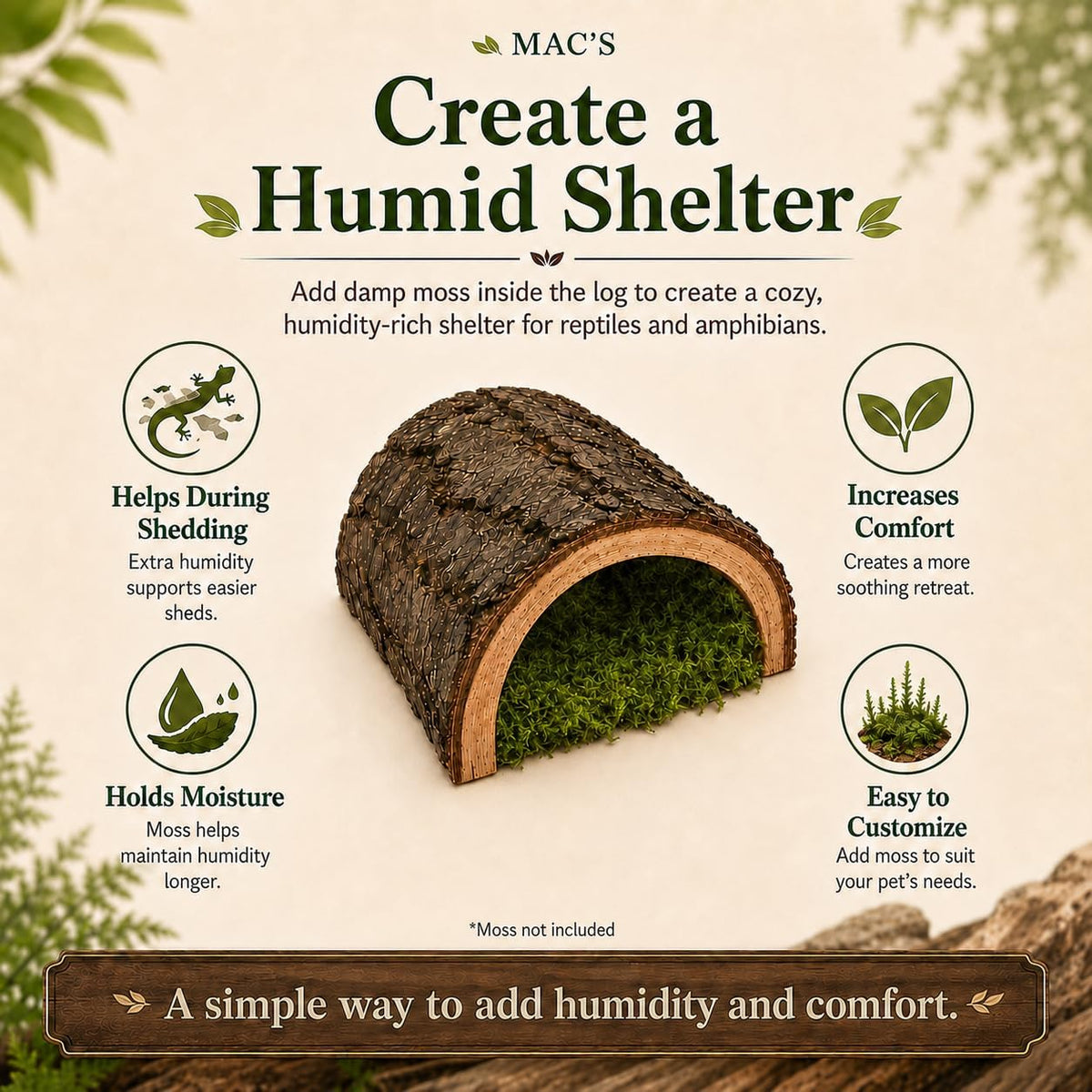 MAC'S Reptile Hideout Half Log, Extra Large - Natural Wooden Hide for Reptiles, Amphibians & Small Animals - Made in USA - Natural Terrarium Shelter for Snakes, Lizards, Geckos, Frogs & More