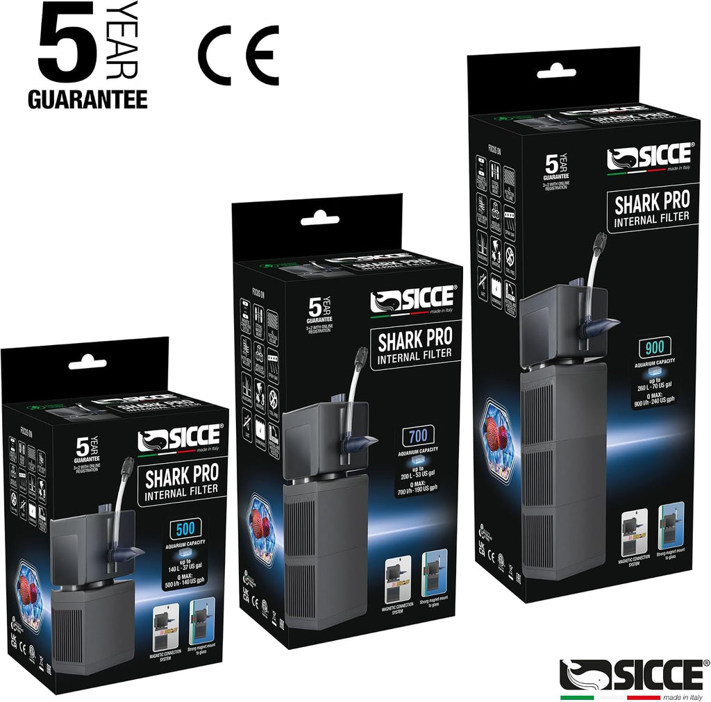 Sicce Shark PRO 500 Internal Aquarium Filter 140 GPH Submersible | Up to 37 Gallons | in-Tank Freshwater and Saltwater Application with Single Removable Filter Cartridge | Fish Tank Turtle Terrarium