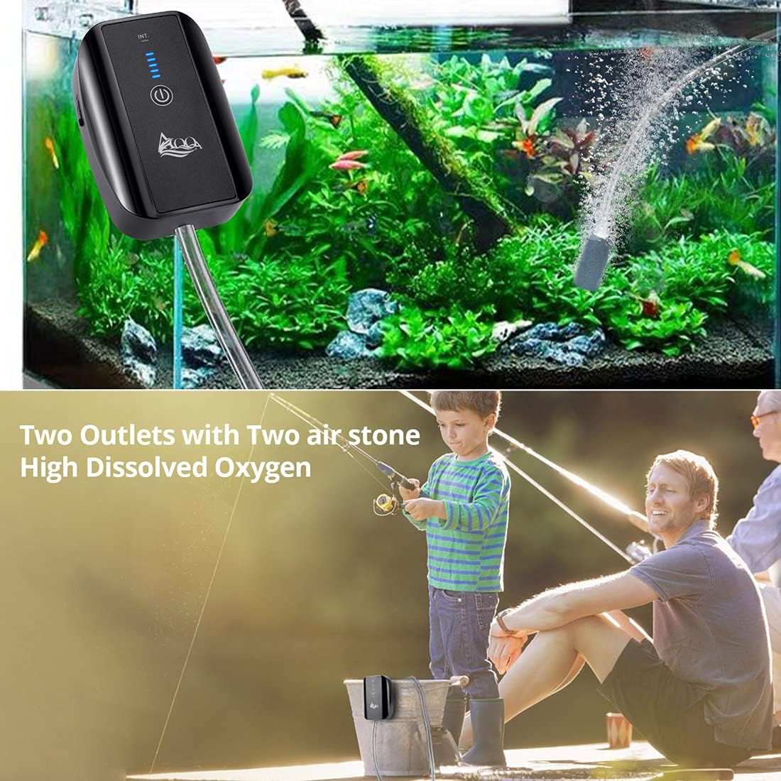 AQQA Aquarium Air Pump Battery Powered USB Rechargeable Aerator Oxygen Pump