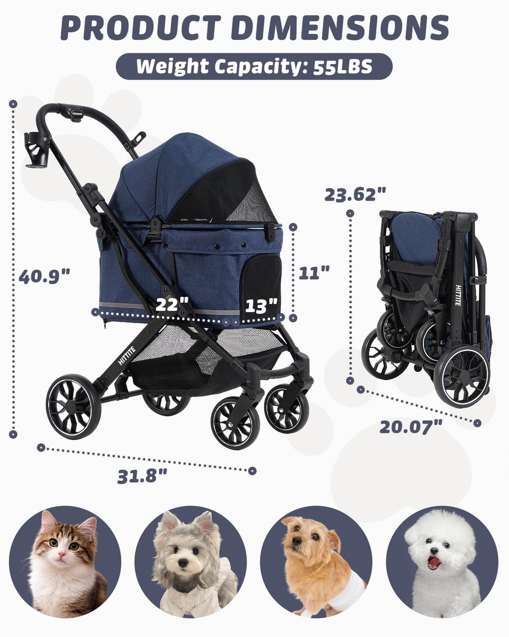 HITTITE Pet Stroller with Weatherproof Cover, All-Terrain 4-Wheel Cat & Dog Stroller with Adjustable Canopy, Foldable Dog Strollers with Storage Basket for Small to Medium Dogs Up to 55 lbs.