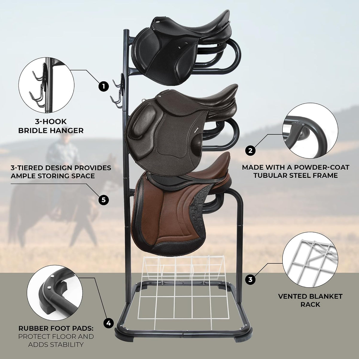 HOMESTEAD 3-Tier Saddle Rack - Horse Saddle Stand Rotating Tiers, Bridle Rack, Hooks for English & Western Saddle, Tack Room