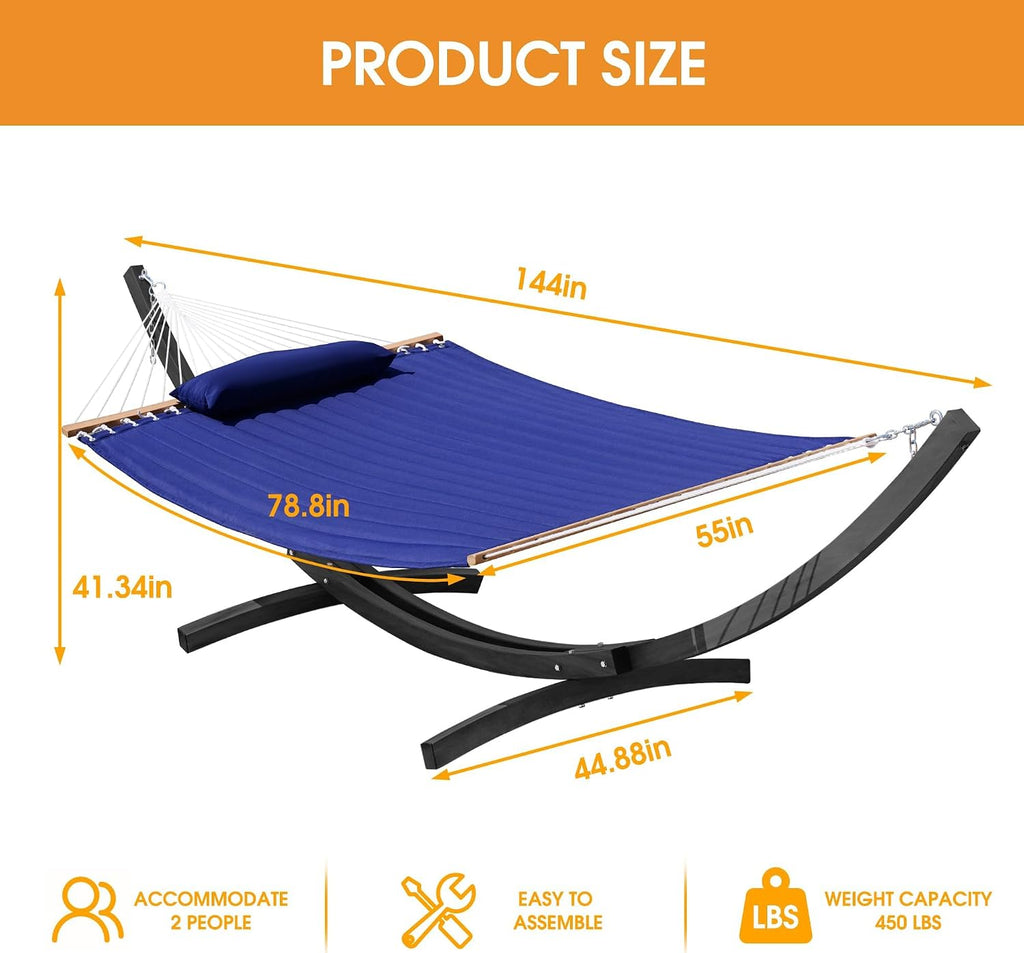 Lazy Daze 12 Ft Double Quilted Hammock with Curved Steel Black Stand