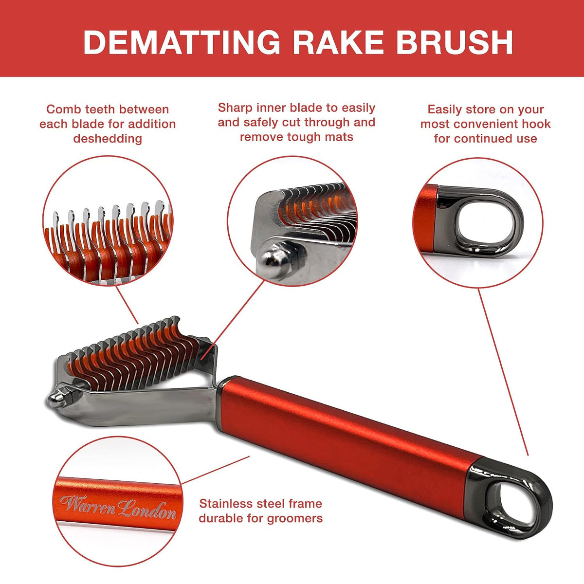 Warren London Undercoat Rake Brush for Dogs and Cats - Premium Deshedding Tool for Long Haired Pets - Skin Friendly Dematting Comb for Professional Grooming Results at Home