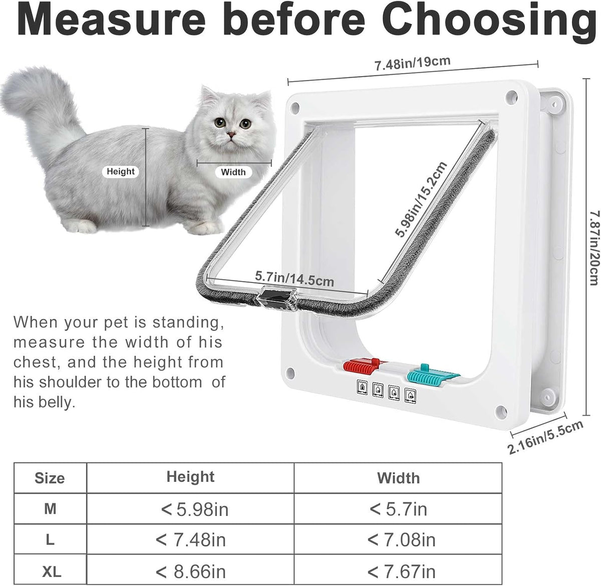 Lessmon Cat Door, M, 4-Way Lock, Outer Size 7.48x7.87x2.16in