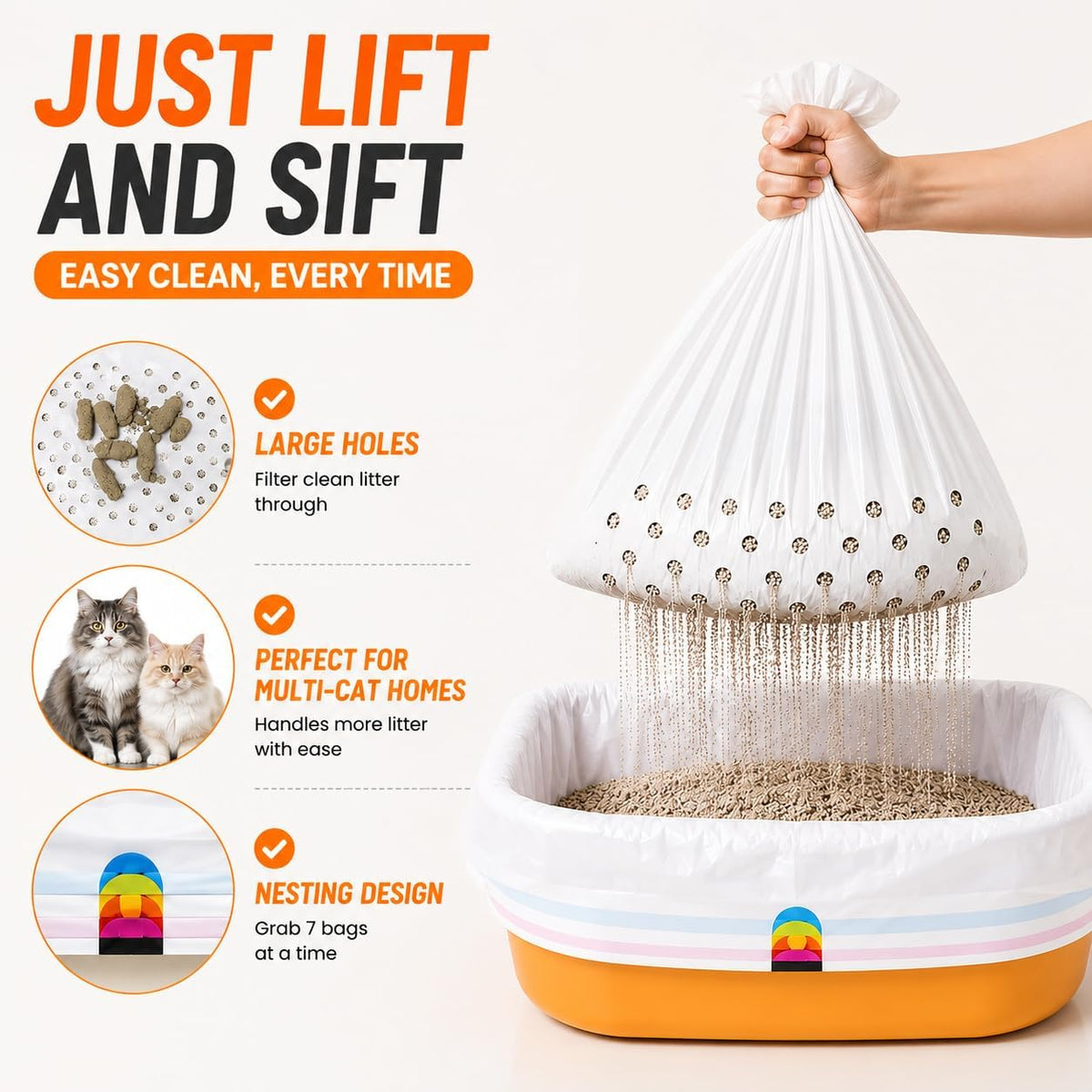 Sifting Litter Box Liners, 14 Count Drawstring Cat Litter Bags, 37 x 18 In