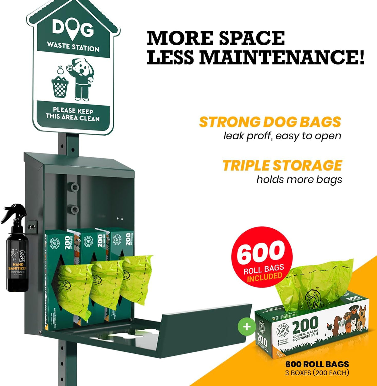ALAGPRO® Dog Waste Station Outdoor Pet Waste Station with Hand Sanitizer Bottle, Commercial Dog Poop Station with Free 600 Roll Waste Bags & 50 Can Liners for Backyard, Park & HOA's