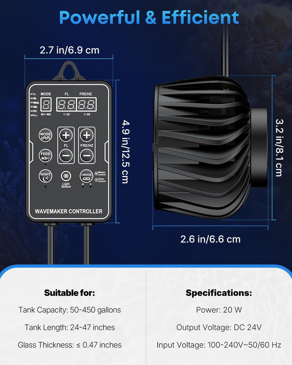 Pawfly Aquarium Powerhead 3400 GPH, Wave Maker for Aquariums DC 24V 20W, Power head for Aquariums, Aquarium Circulation Pump With Magnetic Base, Wavemaker for 50-450 Gallon Freshwater Saltwater Tank