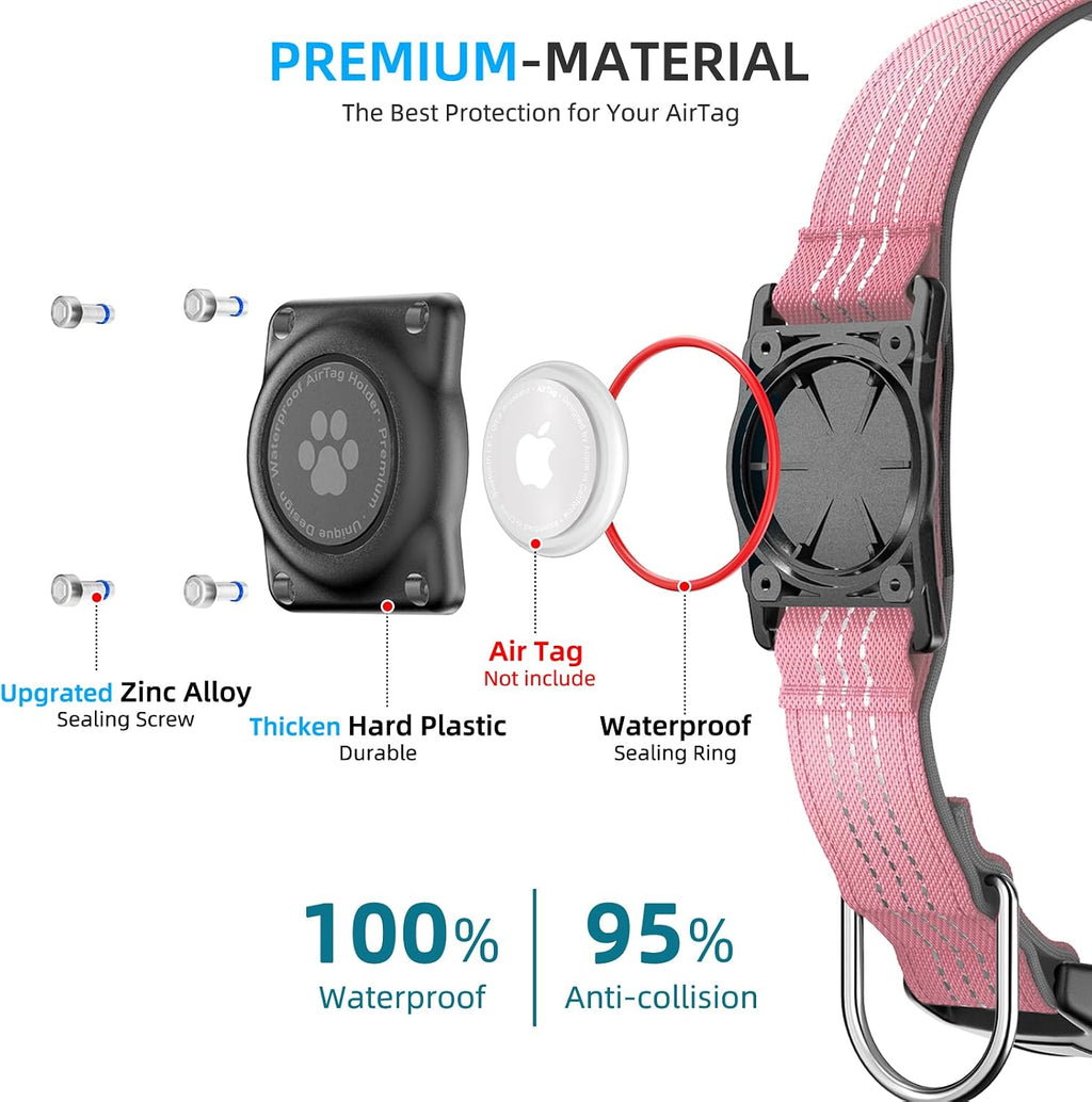 Upgrade Dog Collar with AirTag Holder, IP68 Waterproof, Pink, M