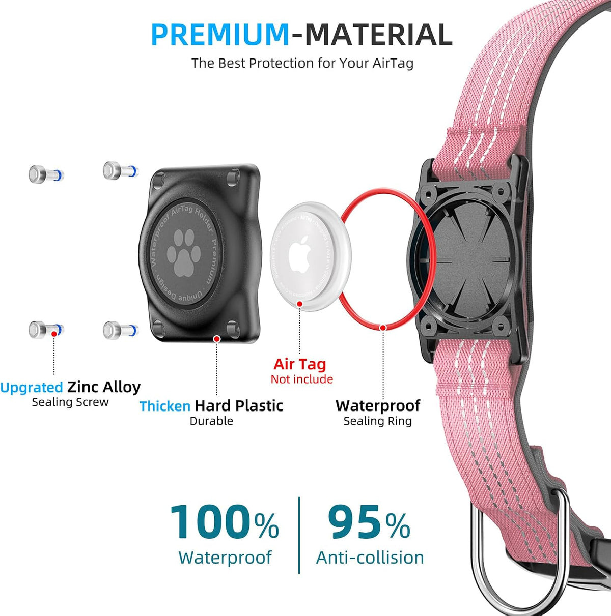 Upgrade Dog Collar with AirTag Holder, IP68 Waterproof, Pink, M