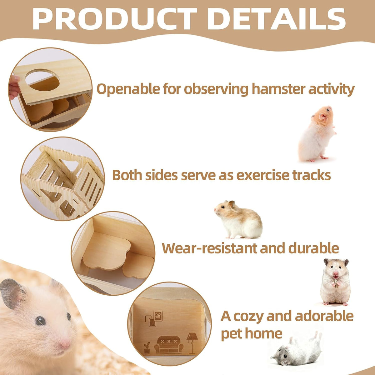 2Pcs Hamster House and Tunnel, Wooden Exploring Tunnel with Ladder, Small Animal Playground Exploring Toys for Syrian Dwarf Hamsters Gerbils Guinea Pig(Style1)
