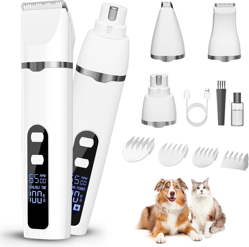 Dog Grooming Kit Hair Clipper with LCD Display - Low Noise Pet Hair Trimmer, Pet Nail Grinder Clippers for Grooming, Rechargeable Cordless Waterproof Paw Trimmer for Cats