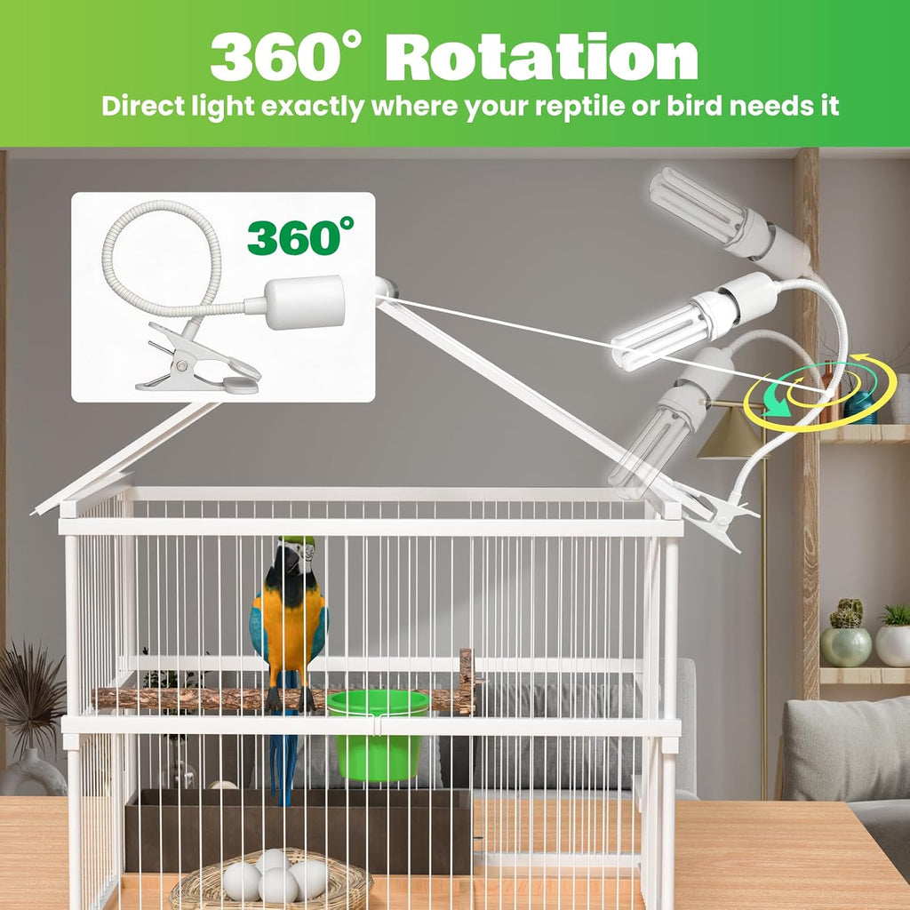 GlowUp UVB 2.4 Bird Cage Lighting Combo Kit, Bird Light for Captive Birds, 360° Rotatable Clip Lamp with 20W UVB 2.4 Compact Fluorescent Light Bulb