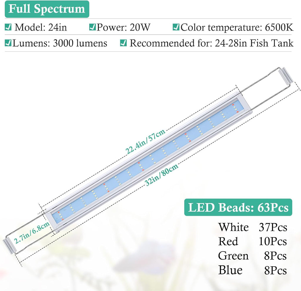 HITOP Full Spectrum LED Aquarium Light – 24-28" Classic Fish Tank Light with Timer, Aquarium Plant Light with Stable Extendable Brackets
