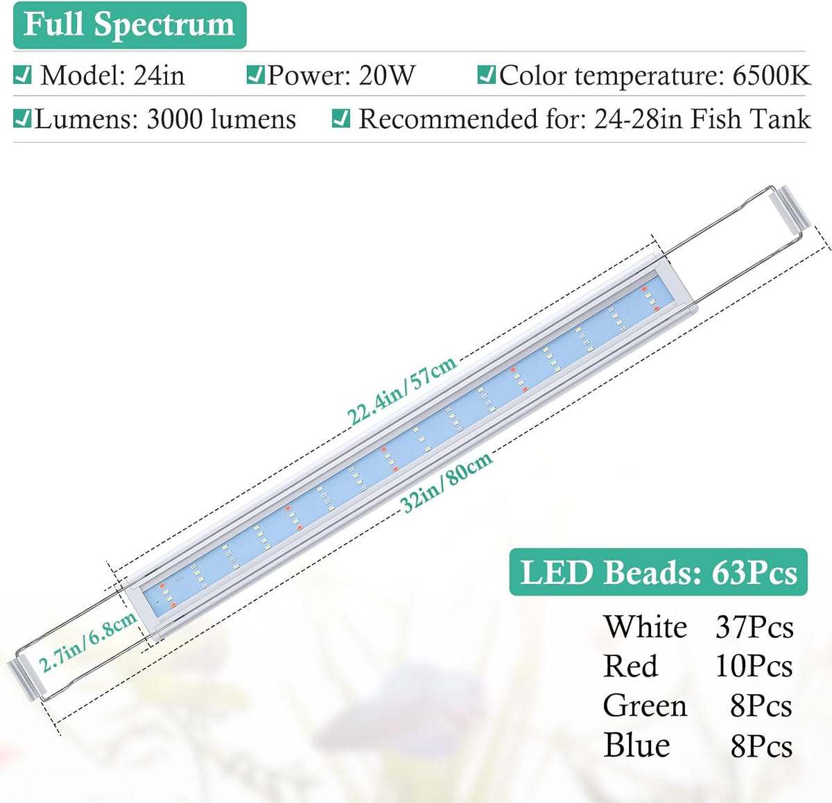 HITOP Full Spectrum LED Aquarium Light – 24-28" Classic Fish Tank Light with Timer, Aquarium Plant Light with Stable Extendable Brackets