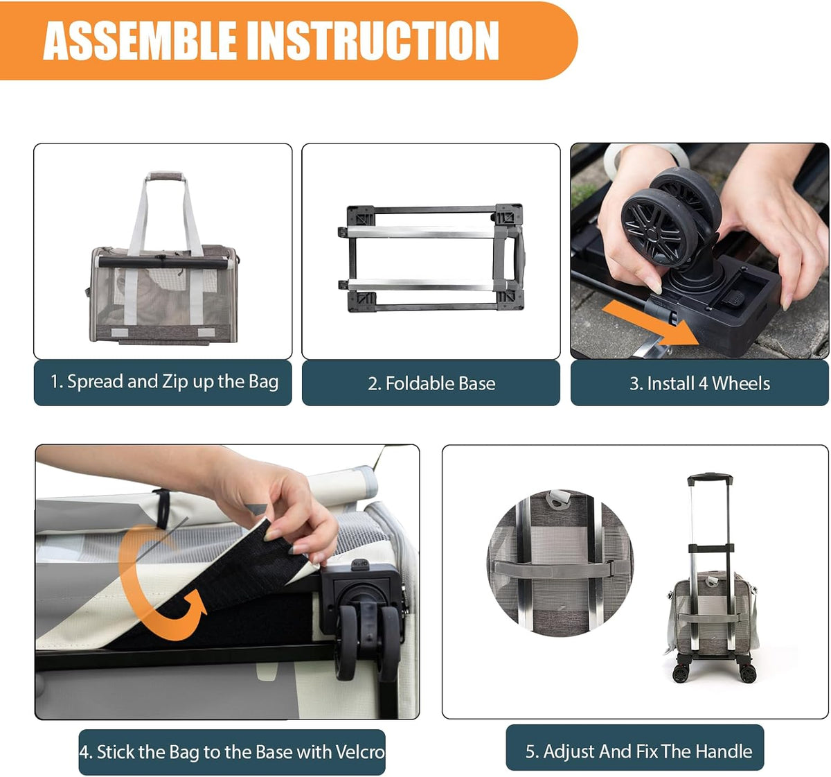 Pet Carrier with Wheels - Soft-Side Wheeled Cat Carrier for Dogs with Telescopic Handle, Collapsible Rolling Pet Travel Bag Carrier for Large Cats Small Medium Dogs for Camping Vet Visiting Grey