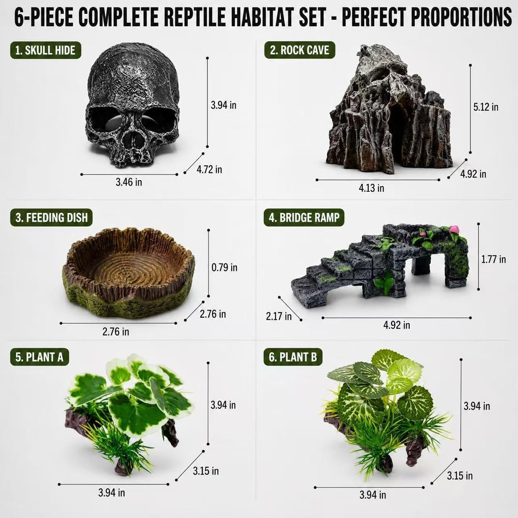 Reptile Hide Cave, 6 Pcs Terrarium Decor Set: Snake Hideout, Skull, Rock Shelter, Water Dish, Basking Bridge & Artificial Plants for Ball Python, Leopard Gecko, Bearded Dragon Tank Accessories