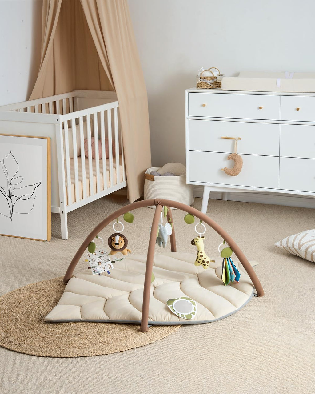 Blissful Diary Baby Play Gym & Activity Mat, Leaf Shaped Baby Tummy Time Play Mat with 6 Detachable Toys, Promotes Motor Skills & Sensory Development, Newborn Baby Essentials Gift, Oatmeal Beige
