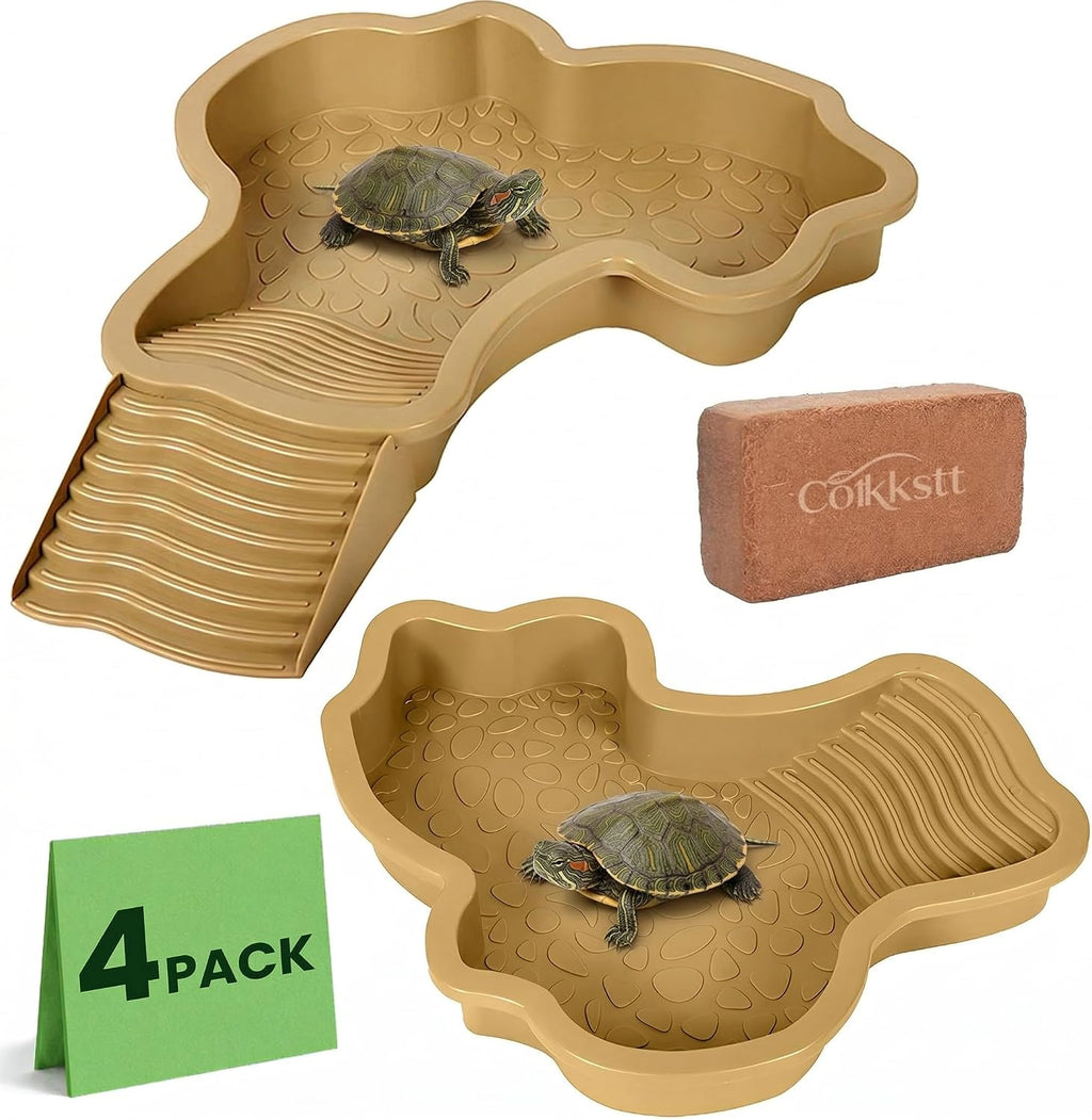 4 Pcs Tortoise Water Dish Reptile Bathing Pool with Ramp, Large Turtle Habitat Accessories Food Bowl for Box Turtle Bearded Dragon, Indoor Outdoor Enclosure Tank Feeding Basin