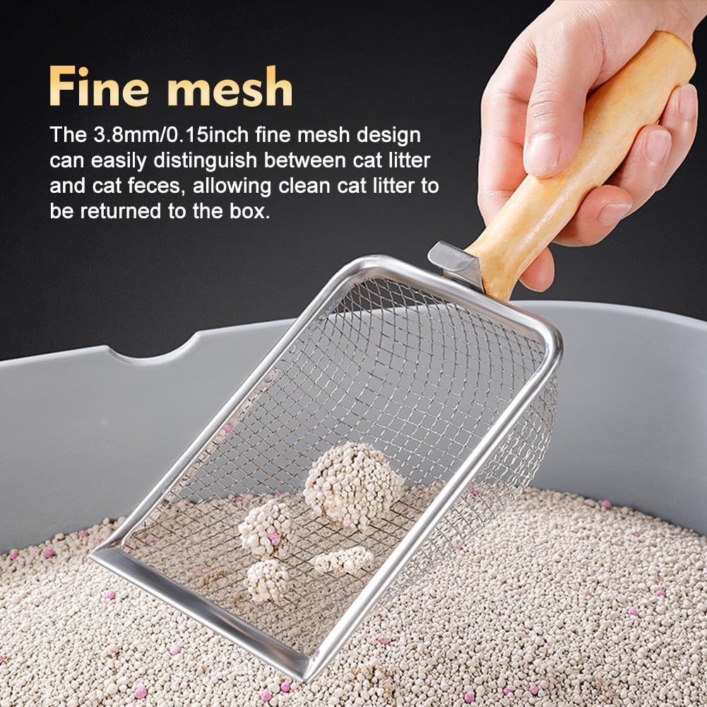 Cat Litter Scoop, Long Handle Scooper Beach Mesh Shovel,Practical Beach Deep Shovel, Stainless Steel Mesh Scooper,Heavy Duty Litter Scooper, Kitten Poop Sifting Cleaning Scoop(COLOR:Wood Handle)