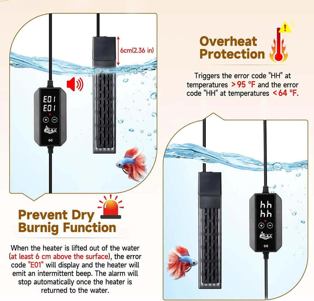 AQQA Ceramic Aquarium Heater 200W, with Dual Digital Display Controller