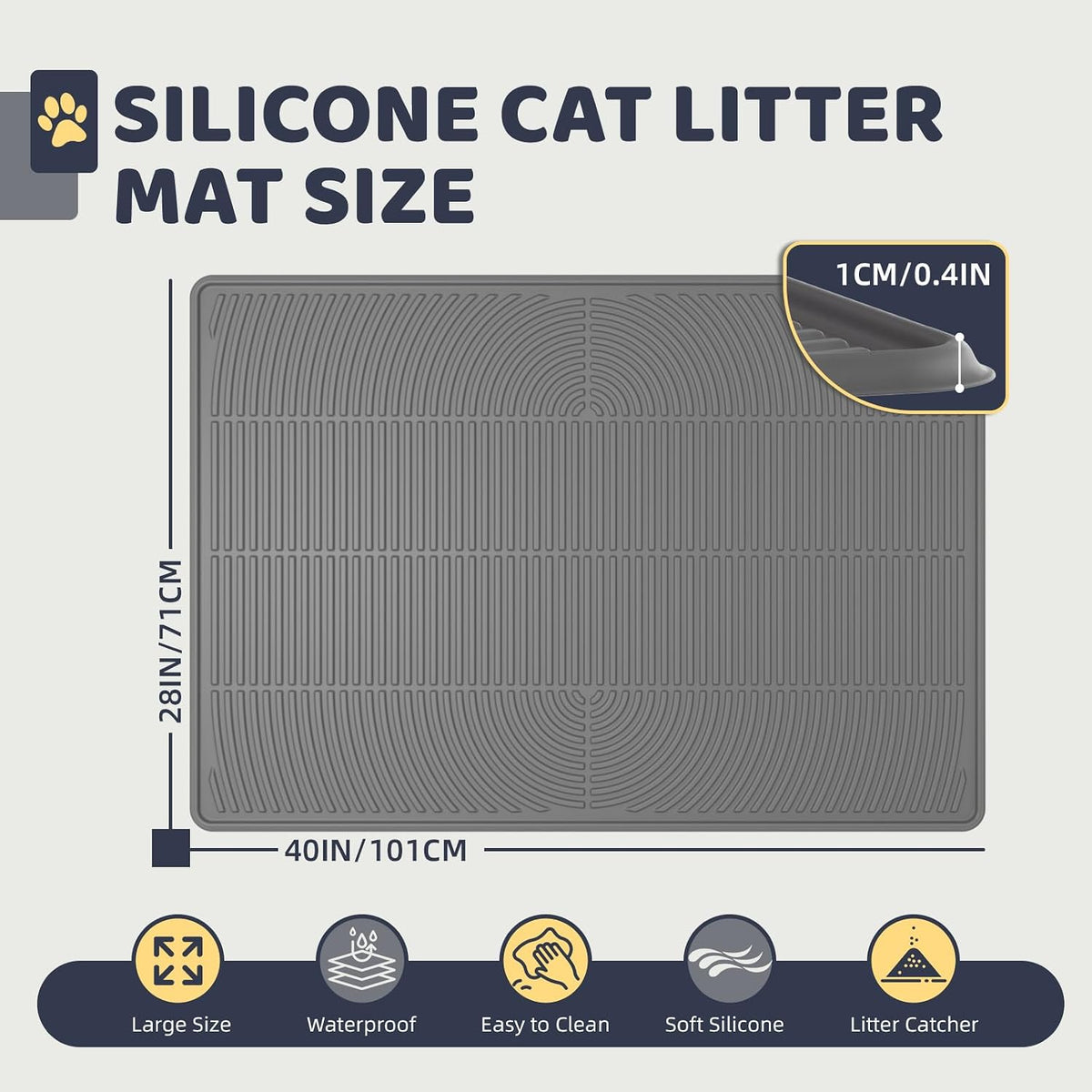 Cat Litter Mat 40"x28" - Soft Silicone & Leak-Proof Large Litter Mat, Non-Slip Cat Litter Trapping Mat for Multiple Cats, Easy to Clean & Durable for All Types (Gray)