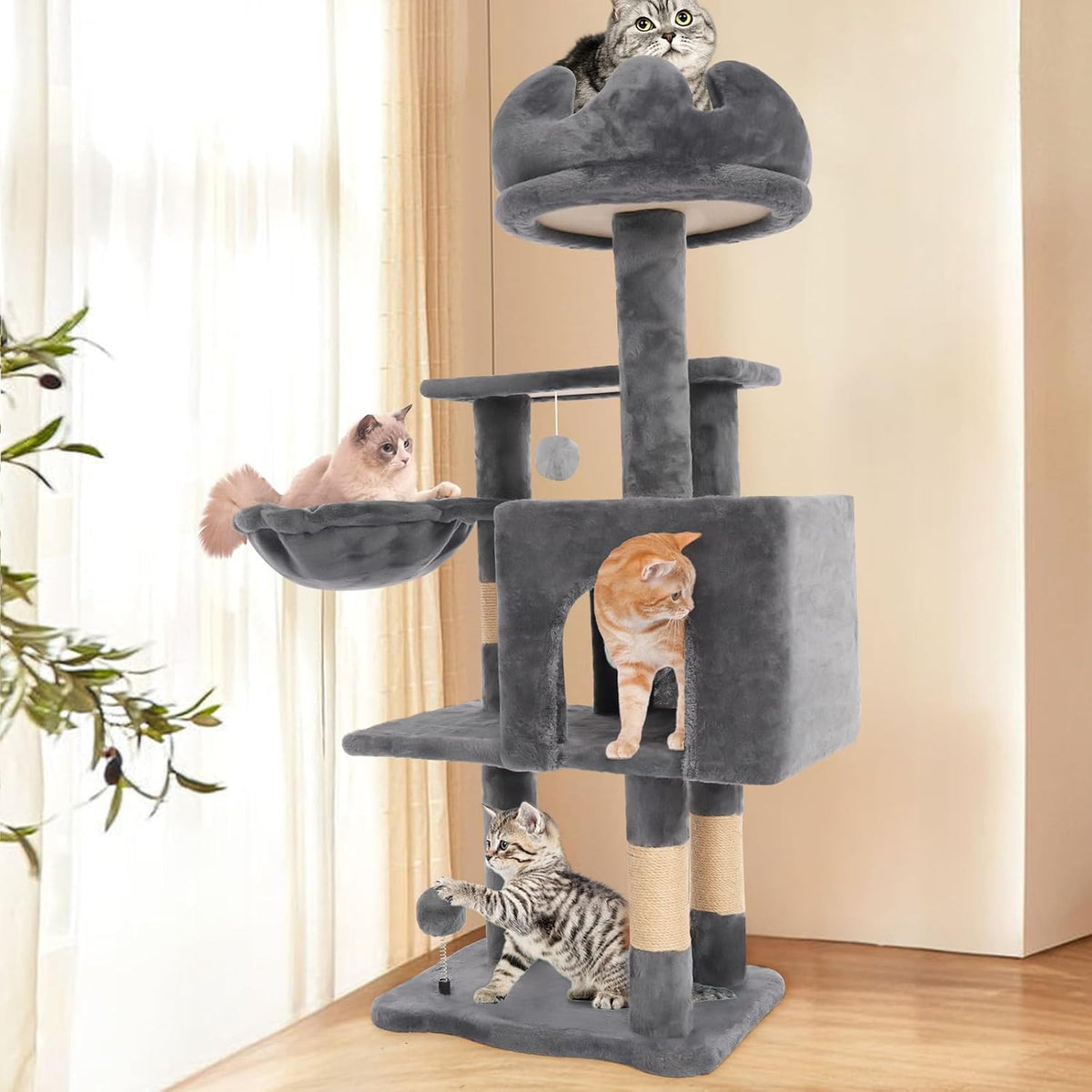 Cat Tree Tower with Hammock,40" Cat Trees for Indoor Cats Large Adult(Grey)