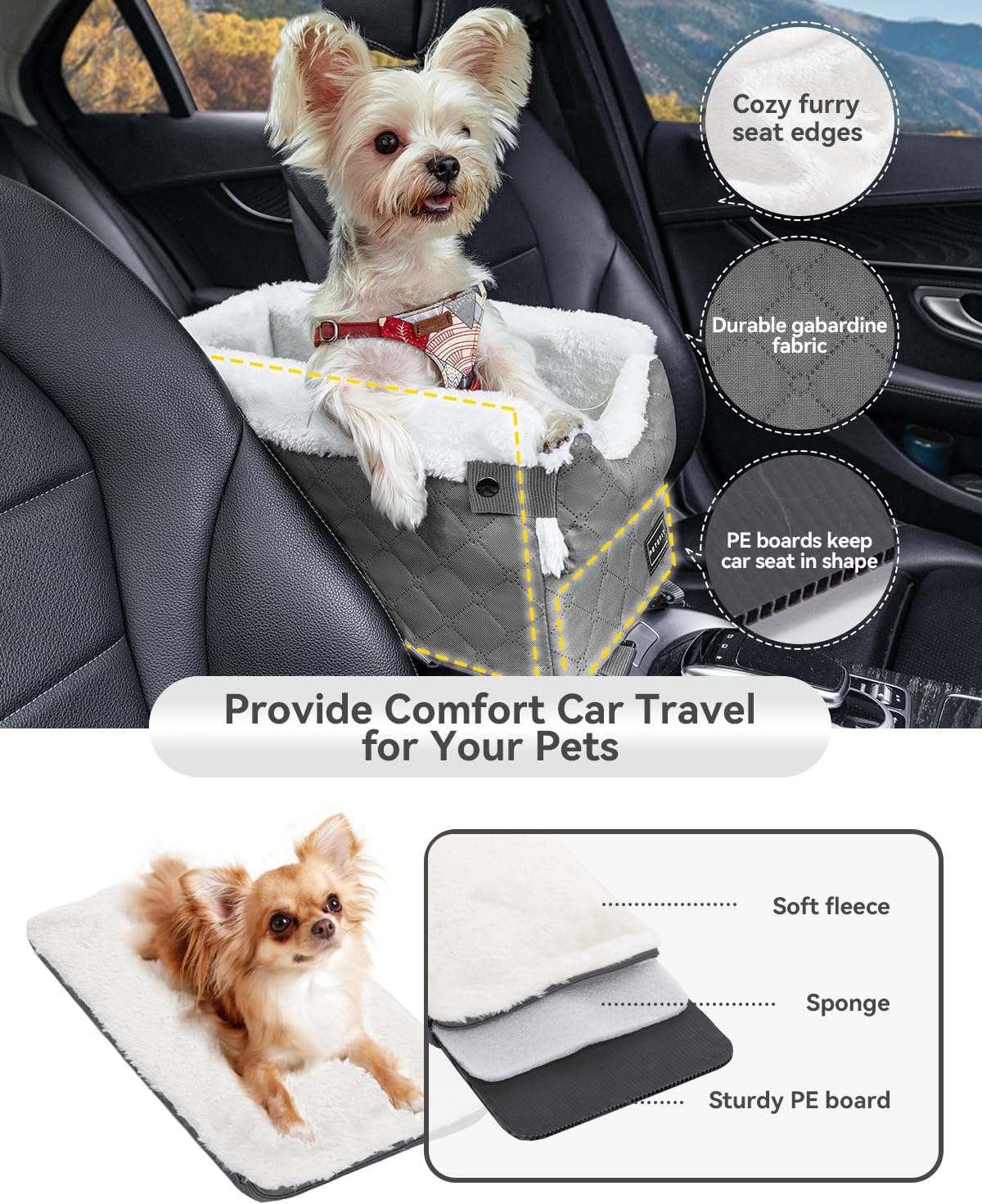 PETSFIT Center Console Dog Car Seat with Adjustable Seat-Rail Anchor Hooks