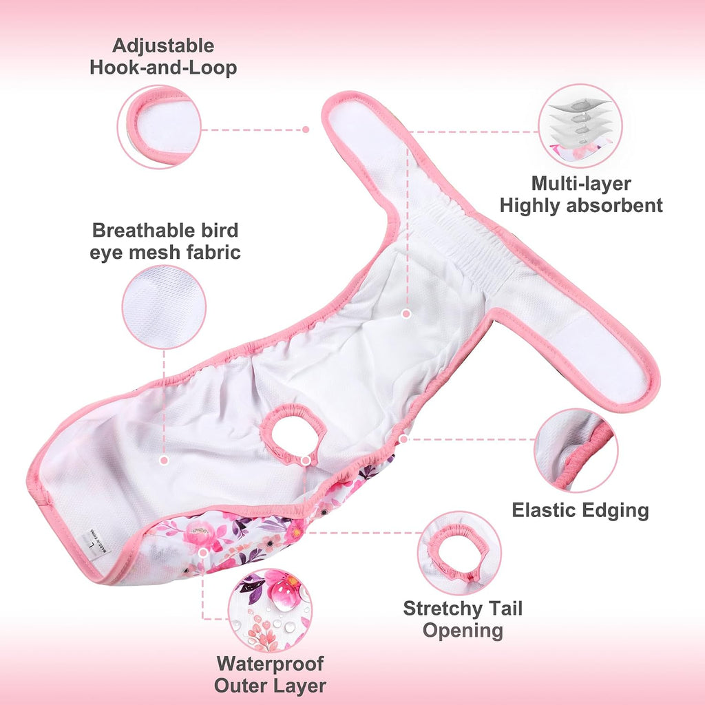 Dog Diapers Female 5 Pack - High Absorbent Diaper for Dog Incontinence - Reusable Diapers with Adjustable Hook & Loop for Doggie & Puppy in Heat,Pink Flowers L
