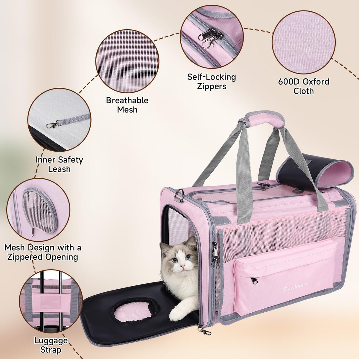 Cat Carriers, 17"x11"x11" Collapsible Pets Travel Carriers(Pink)