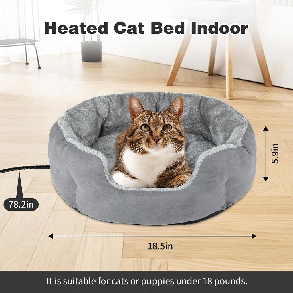 Heated Cat Bed Indoor, 18.5" Soft Heated Pet Bed for Indoor Cats with Timer and Temp Adjustable, Warming Cat Bed Heating Pad for Small to Large Cats Kitten