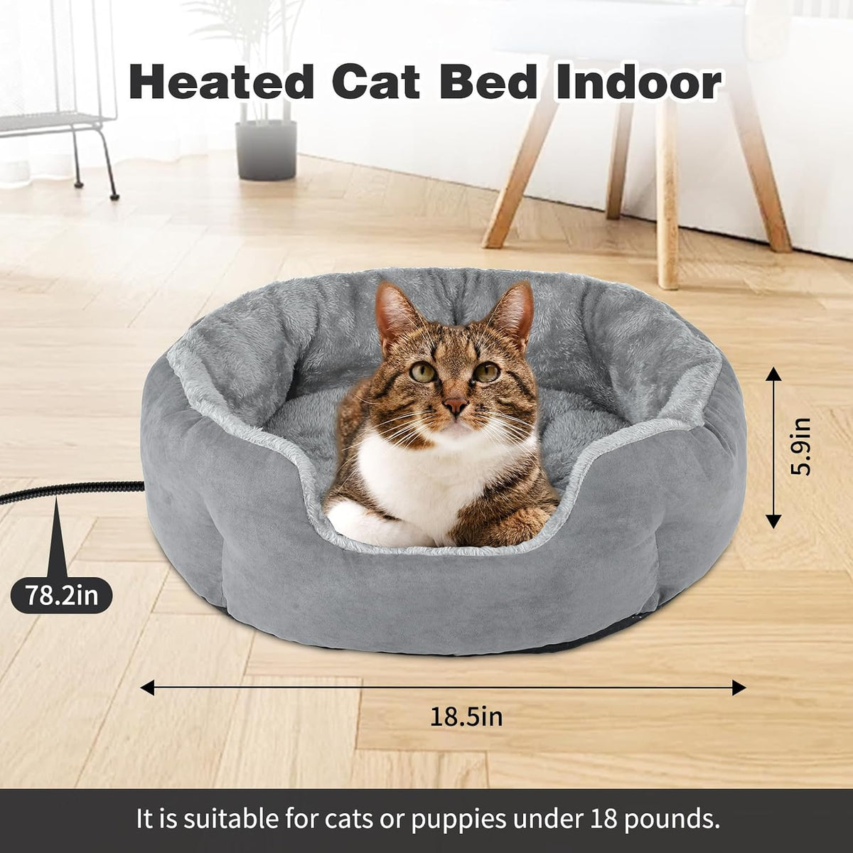 Heated Cat Bed Indoor, 18.5" Soft Heated Pet Bed for Indoor Cats with Timer and Temp Adjustable, Warming Cat Bed Heating Pad for Small to Large Cats Kitten