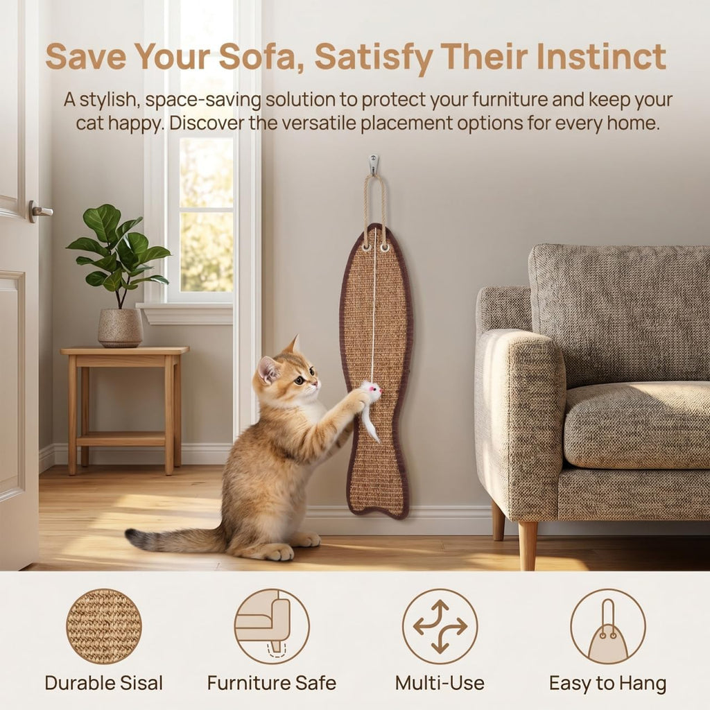 SEWACC Fish Shaped Cat Scratching Mat Sisal Protective Hanging Pad for Door or Wall Handwoven Cat Scratch Pad for Claw Care Furniture Protection Pet Play 20.86 X 5.23 X 1.18 in