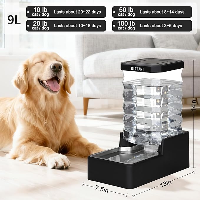 RIZZARI Stainless Steel Pet Water Feeder: 9L Large Gravity Waterer - Image 2