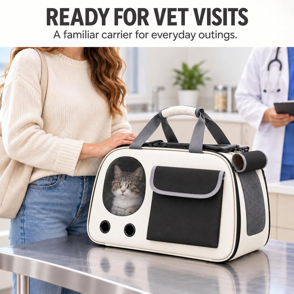 Soft-Sided Cat Carrier,17.7x10.2x11in,Foldable,Cream and Black
