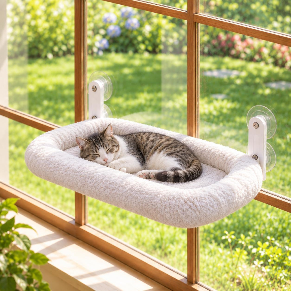 L&W BROS. Cat Window Perch Cushion Bed Hammock with 4 Updated Suction Cups Easy to Assemble Cat Window Bed for Heavy Large Cats (M 1Pc)