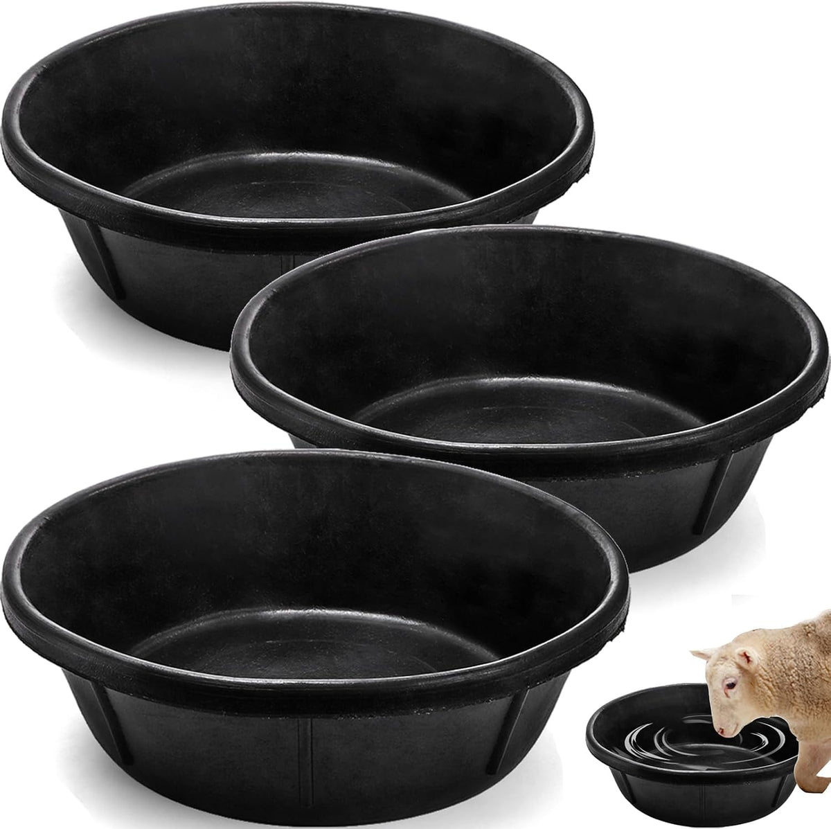 3 Pack Rubber Feed Pan, 8 Quart Large Horse Feed Bucket, Heavy Duty Rubber Water Bowl for Livestock, Stackable Chicken Dust Bath Tub for Pig Goat Dog Cat Farm Animal Feeding, 14.5'' x 4.5''