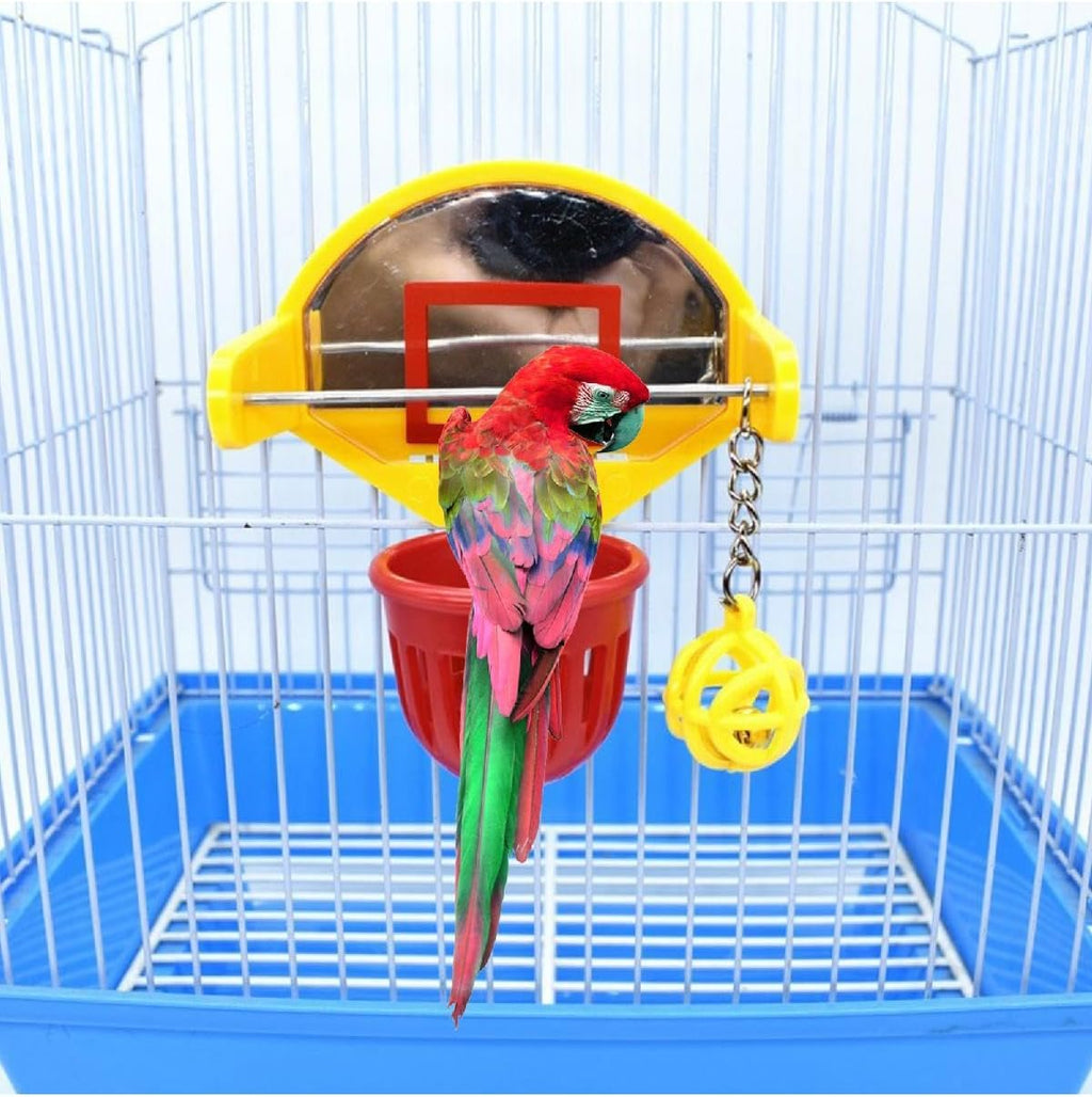 Bird Basketball Toy with Mirror Hanging Foraging Chew Ball Interactive Intelligence Training Toy for Budgies Parakeets Cockatiels Conure Easy to Install