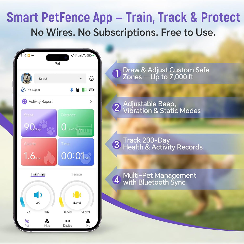 GPS Wireless Dog Fence - Free App Control, No Monthly Fee, Custom Polygon Boundary & Remote Training, Virtual Fence for Dogs 10-120 lbs, Black