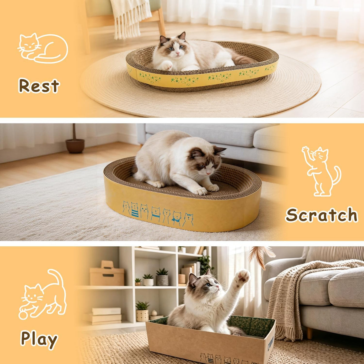 Comoney Cat Scratcher Bed 3 Pack, Oval Corrugated Cardboard Cat Scratch Pads for Indoor Cats with Grooming Brush, Round Cat Scratching Board Lounge Furniture Protector