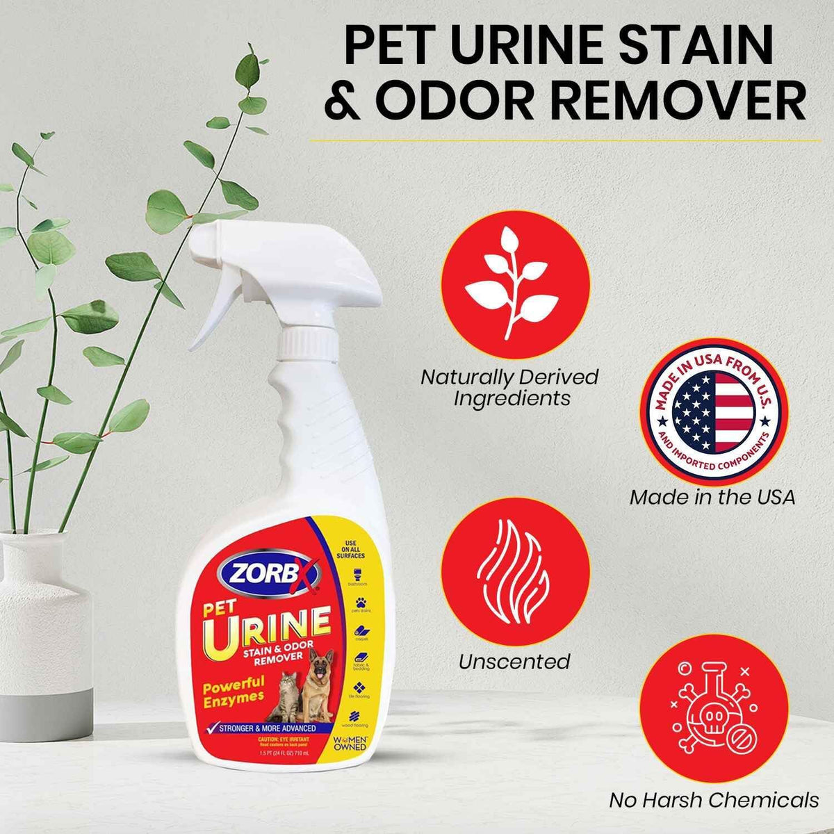 ZORBX Pet Urine Stain and Odor Remover Spray - Dog/Cat Urine Enzyme Odor Destroyer - Perfect Solution for Unpleasant Urine Odor and Stain Remover - Hardwood Floors & Carpet Cleaner (24 Oz + 128 Oz)