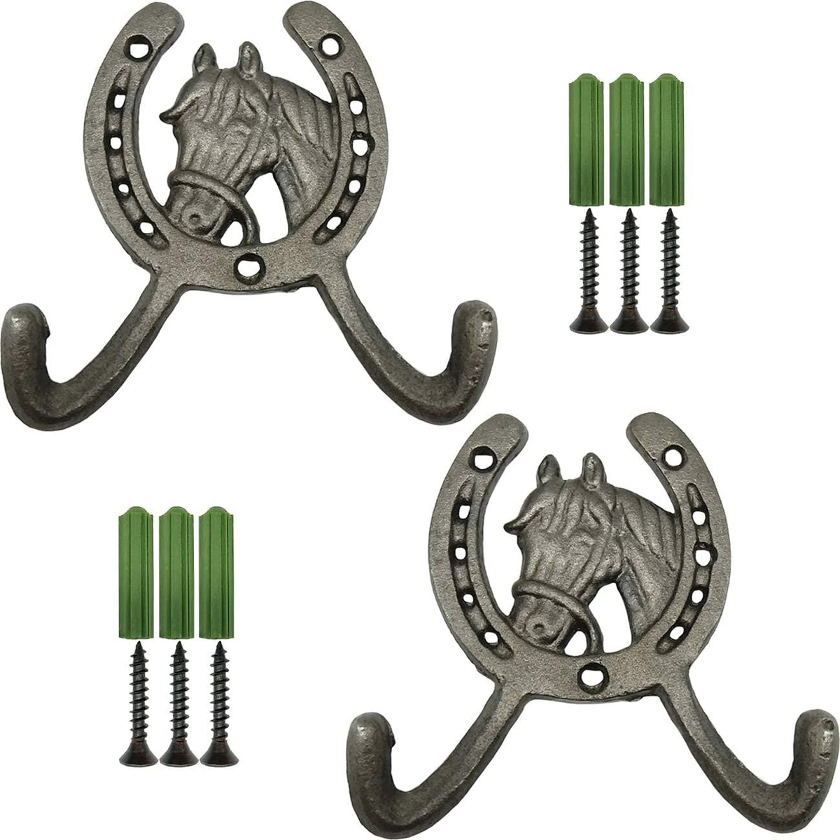 2PCS 4.5" Horse Head Horseshoe Western Double Cast Iron Wall Hooks, Horse Shoe with Horse