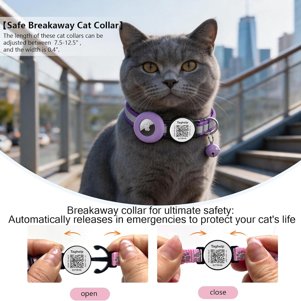 2 Pack Airtag Cat Collar, Breakaway Cat Airtag with Smart ID tag - Purple